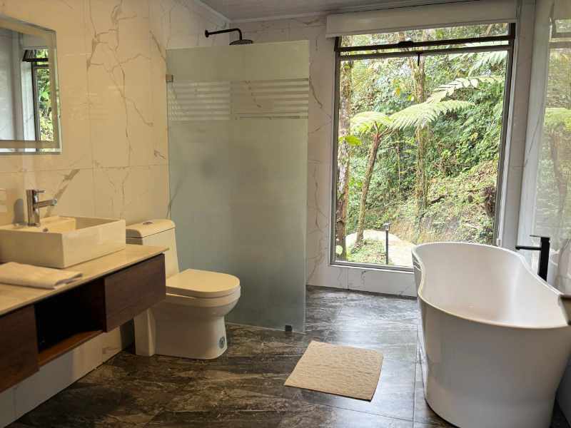 The Mashpi Amagusa Guest House includes an ample bathroom with shower, tub, and two sinks.